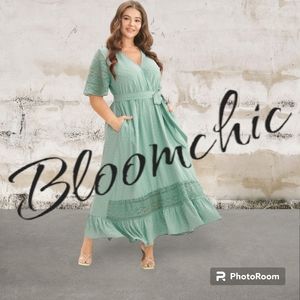 🛑Solid Wrap Pocket Belted Contrast Lace Ruffle Trim Maxi Dress 14/16